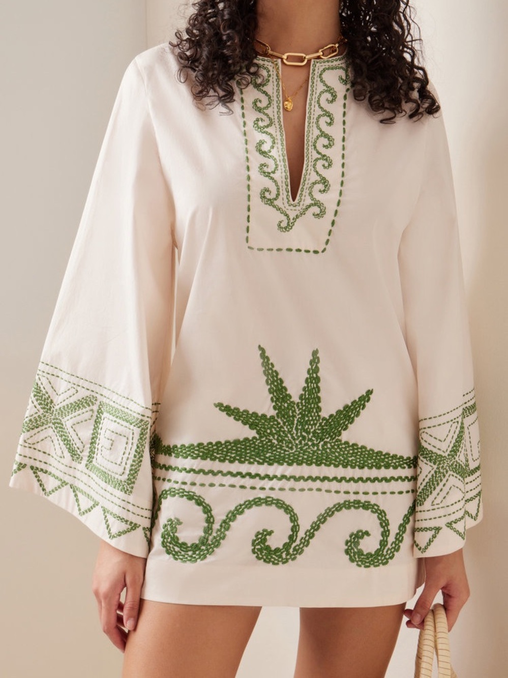 Johanna Ortiz Cream Dress with Green Embroidery